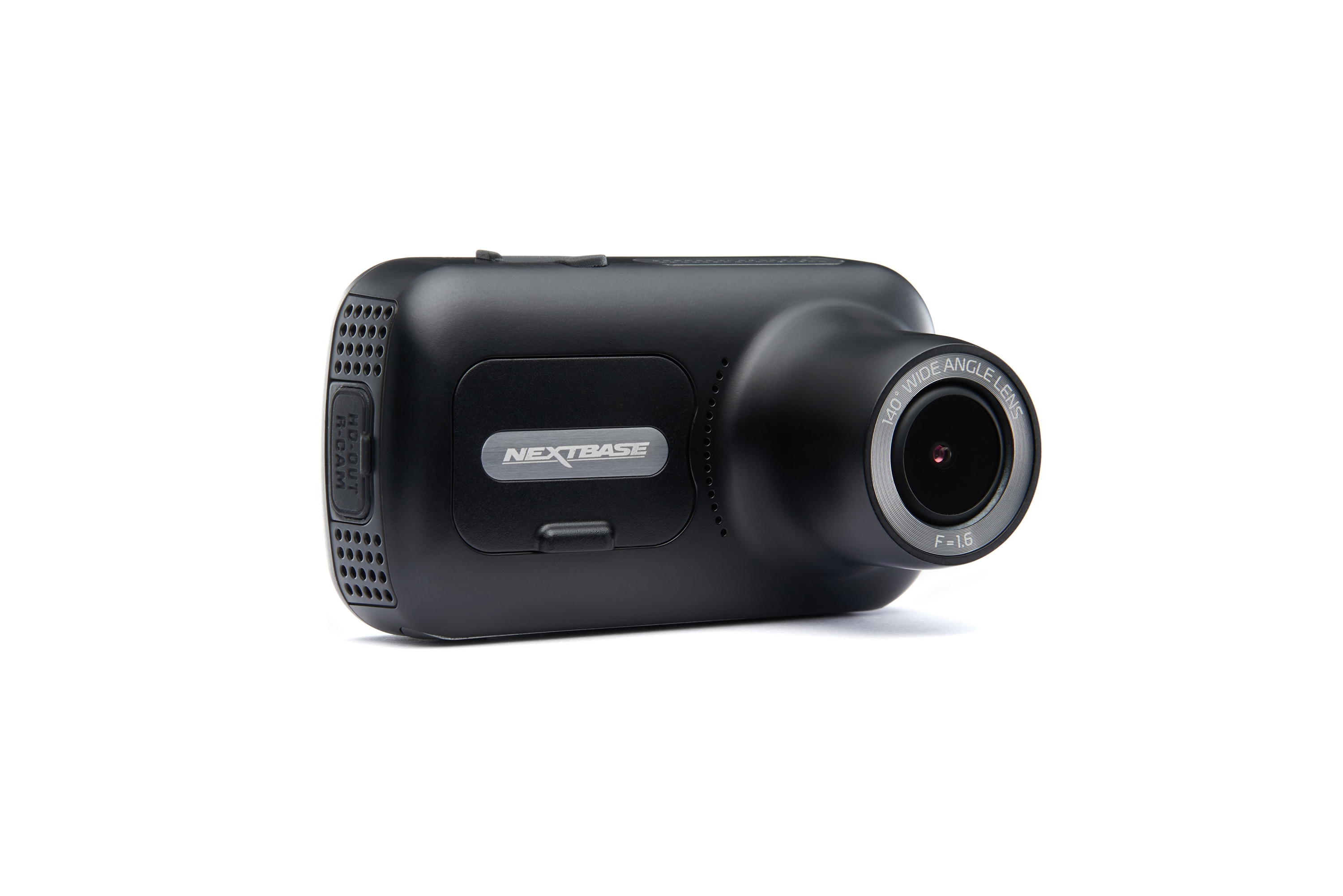 Schwarze Dashcam mit Weitwinkelobjektiv, NEXTBASE-Logo, auf weißem Hintergrund.