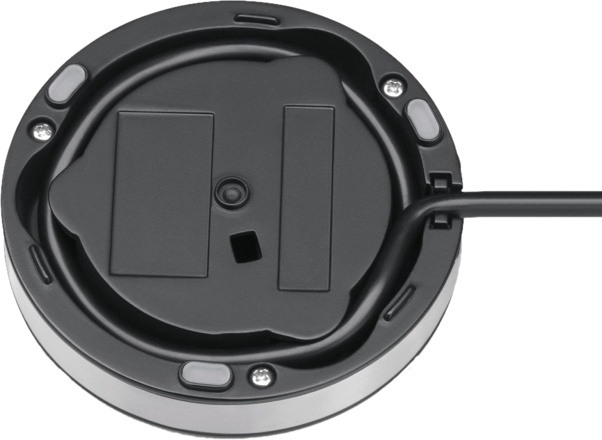 Primo piano della base di un dispositivo nero rotondo con un cavo collegato.