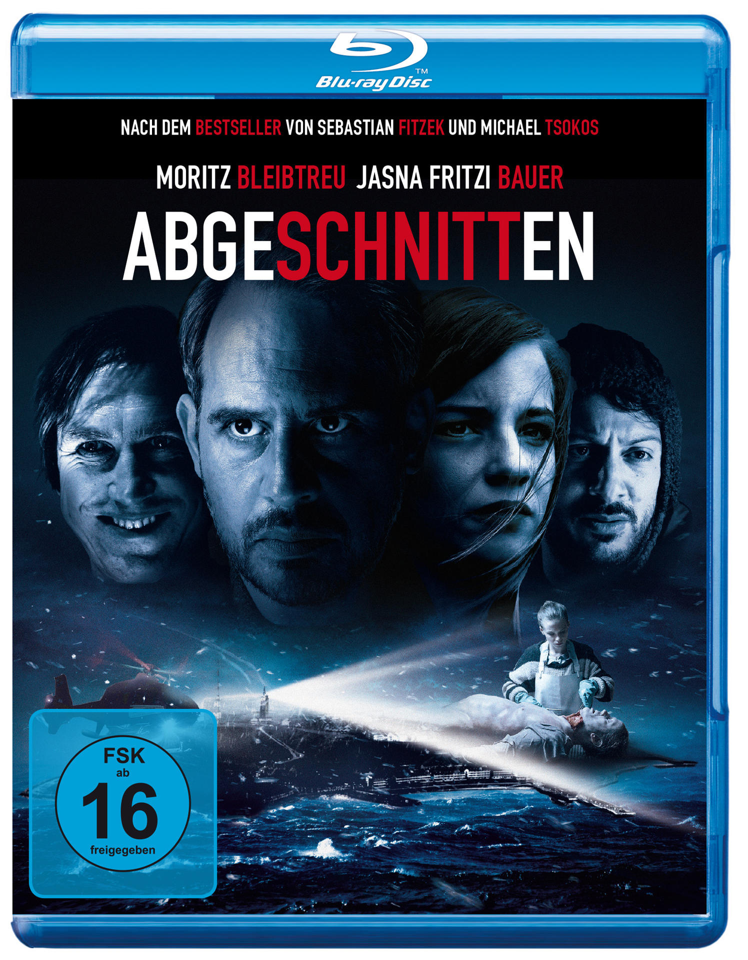 Ein Blu-ray-Filmcover mit vier Gesichtern und dem Titel 'ABGESCHNITTEN' in Blau.