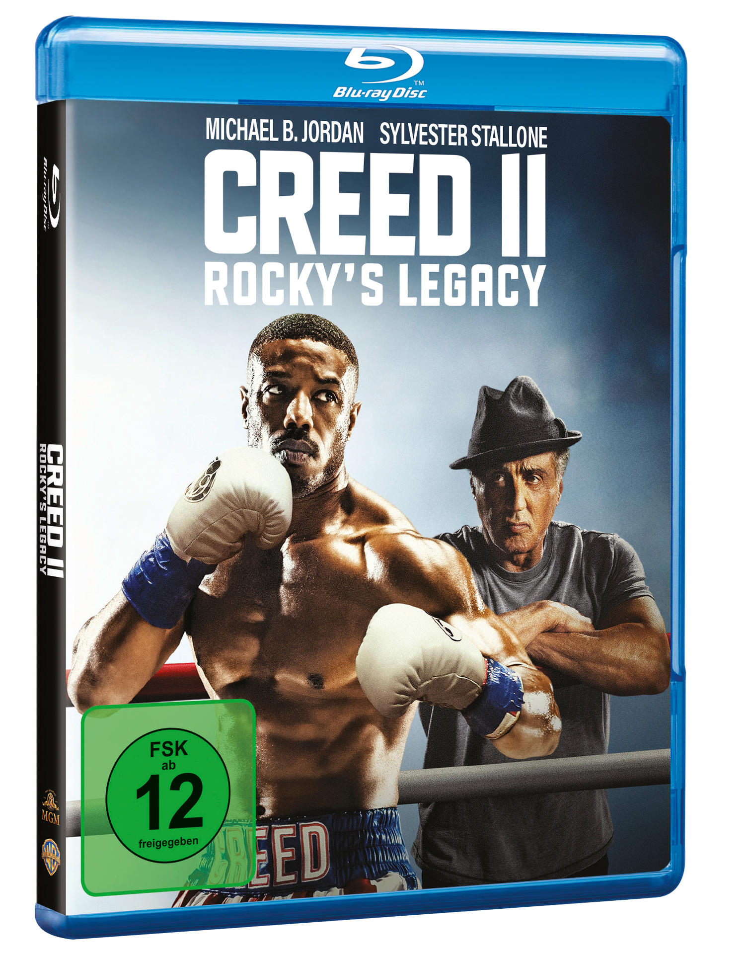 Blu-ray-Disc-Cover für 'Creed II'. Mit Michael B. Jordan und Sylvester Stallone, ab 12 Jahren.