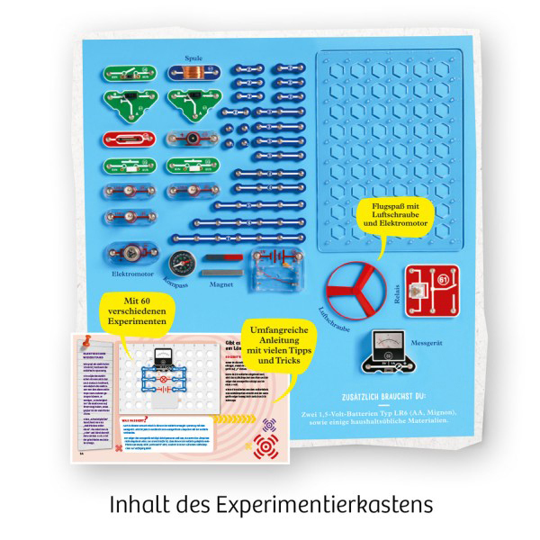 Ein blaues Experimentier-Set mit Komponenten, beschrifteten Diagrammen und Anleitungen.