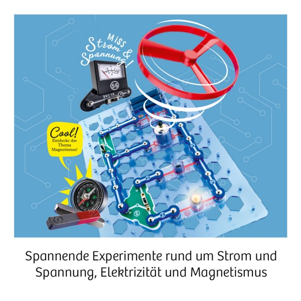 Elektronik-Baukasten für Bildungszwecke mit Platine, Drähten und Bauteilen. Enthält ein Voltmeter und einen Kompass.