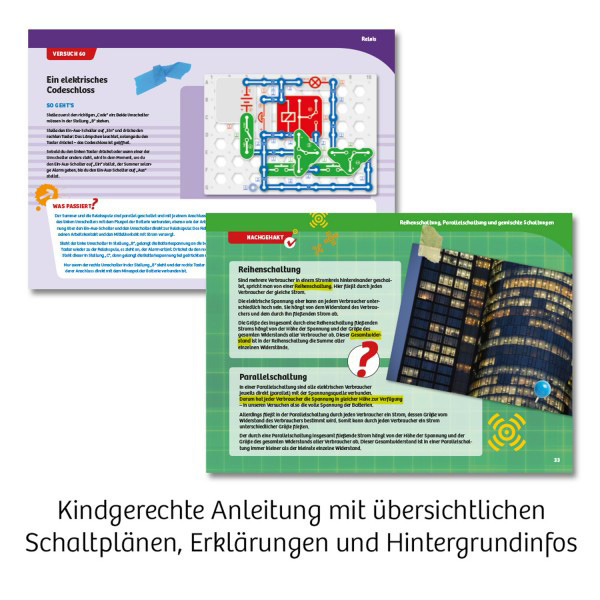Lehrreiche Seiten mit Schaltplänen und Erklärungen, mit dem Titel 'Kindergerechte Anleitung'.