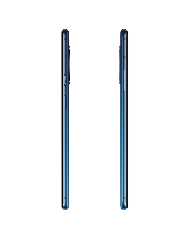 Dos teléfonos Alcatel idénticos, vista lateral, pantalla negra, lados azules, fondo negro.