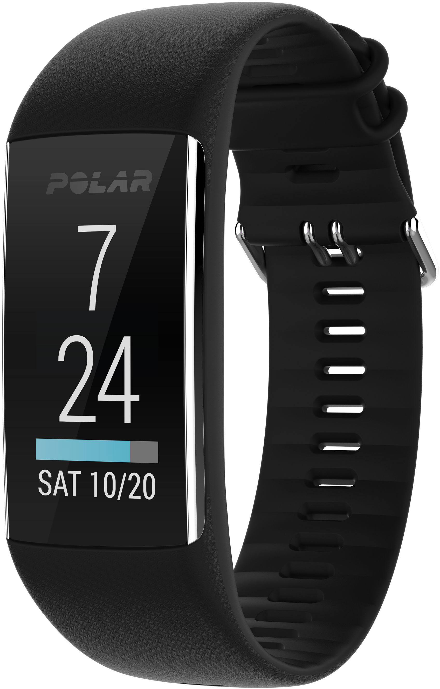 Schwarzer Polar Fitnesstracker mit digitaler Anzeige von Uhrzeit und Datum.