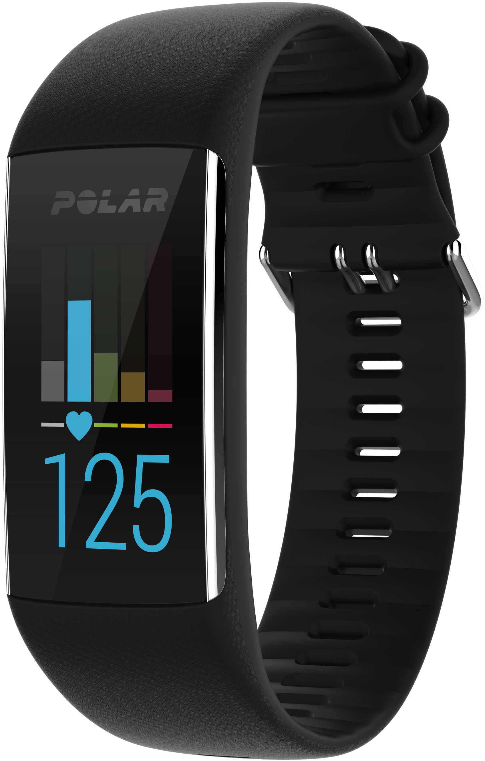 Schwarzer Polar Fitnesstracker mit Bildschirm, der Herzfrequenzdaten anzeigt, vor weißem Hintergrund.