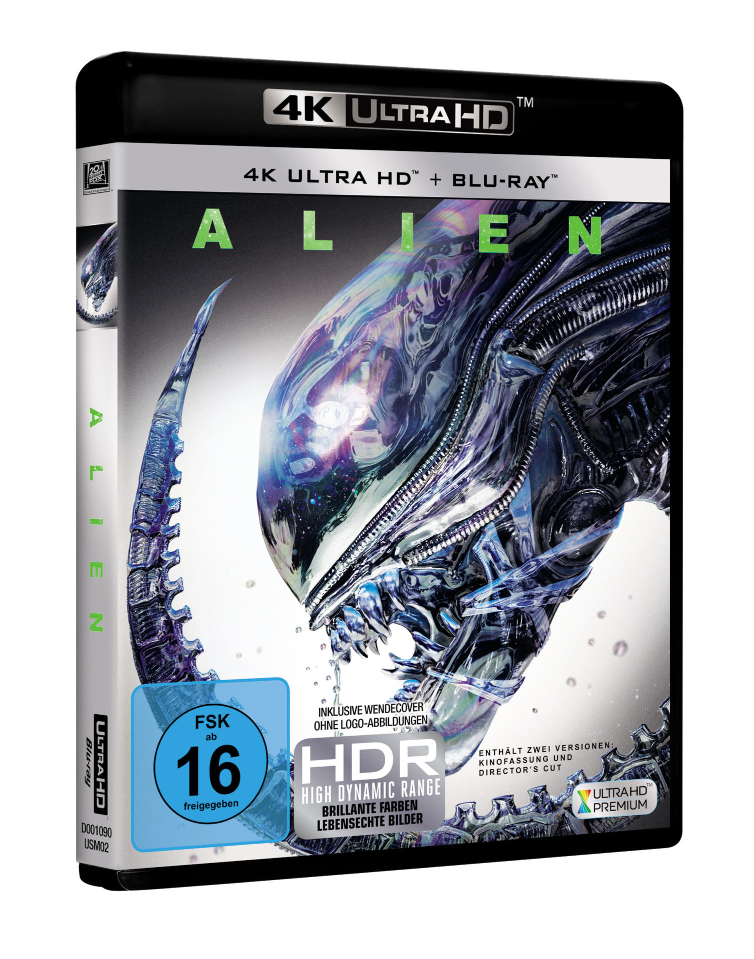 4K Ultra HD Blu-ray Disc Hülle für den Film Alien. Das Cover zeigt einen Alien-Kopf, mit Titel und Bewertung.
