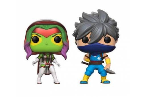 Dos figuras Funko Pop: una mujer de piel verde con cabello morado y una figura con temática ninja en azul.
