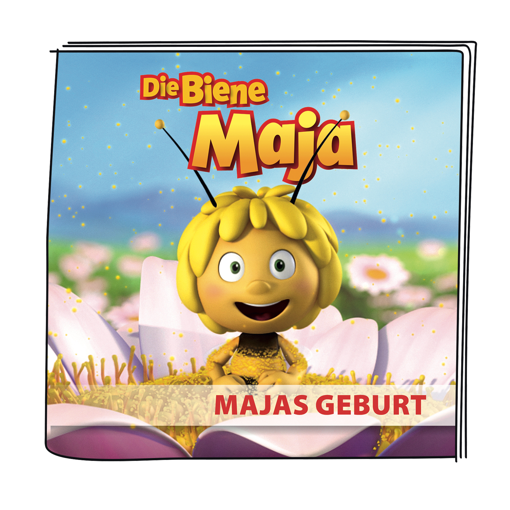 Maya die Biene Cartoon-Cover. Gelbe Biene auf einer Blume. Titel auf Deutsch.