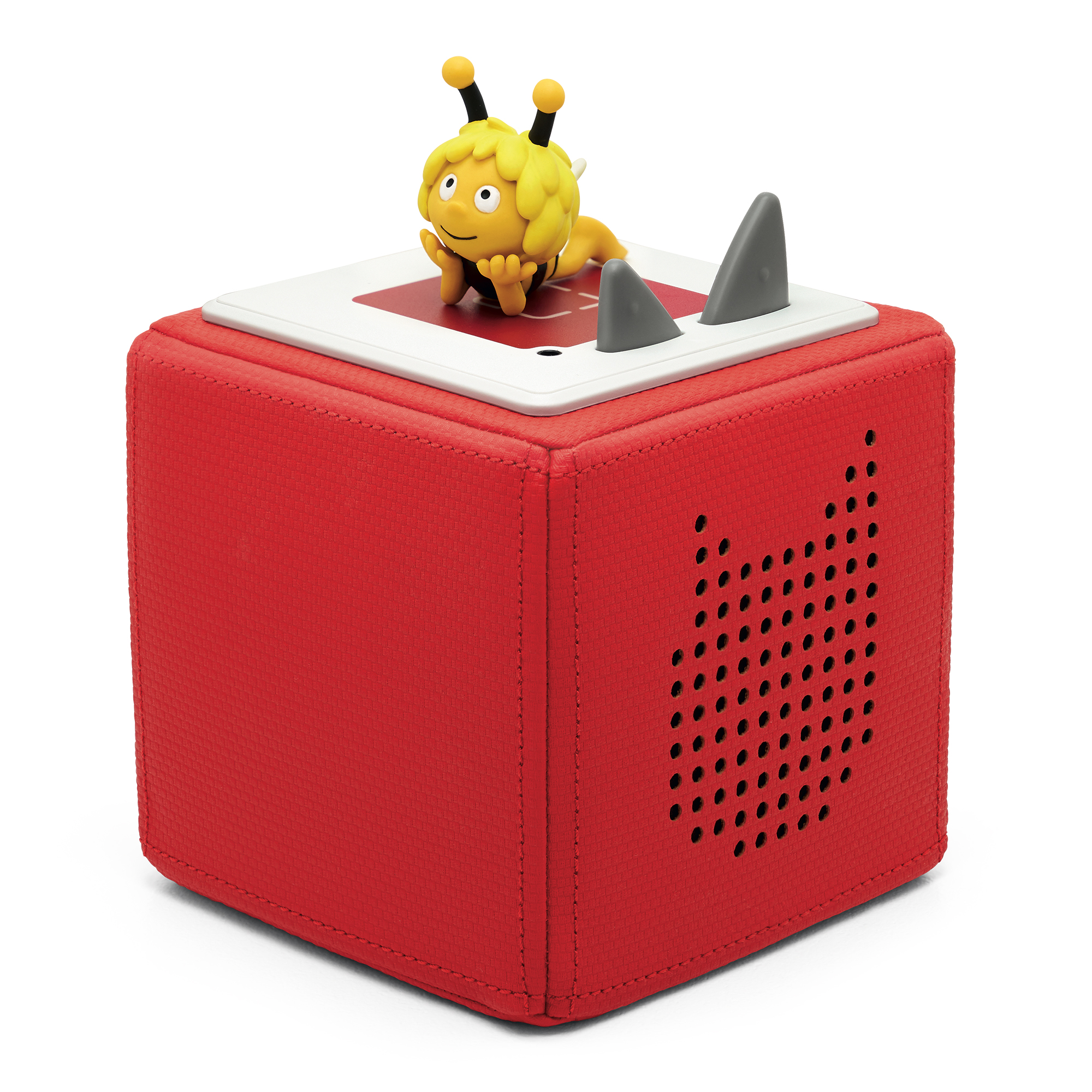 Roter quadratischer Lautsprecher mit gelber Bienenfigur. Zwei graue Haifischflossen. Rote Box mit Löchern.
