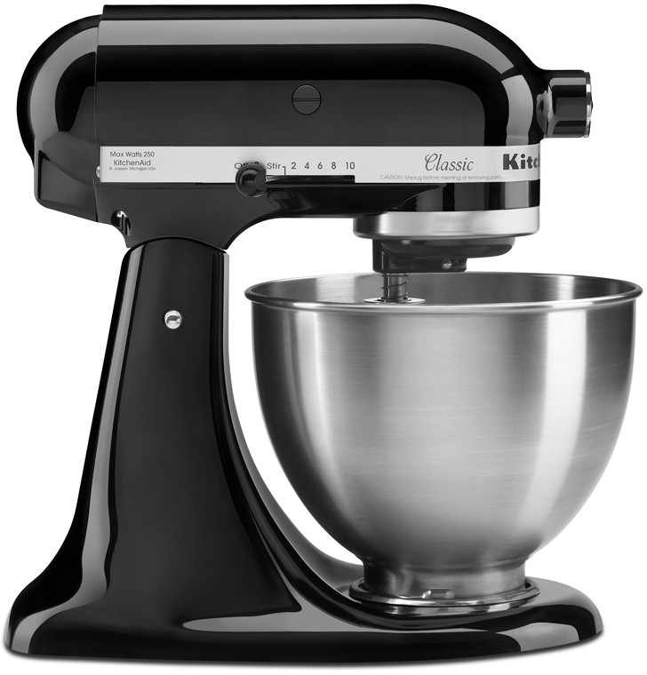 A black KitchenAid stand mixer with a stainless steel bowl on a white background.