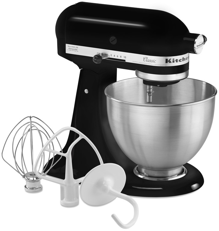 A black KitchenAid stand mixer with attachments on a white background.
