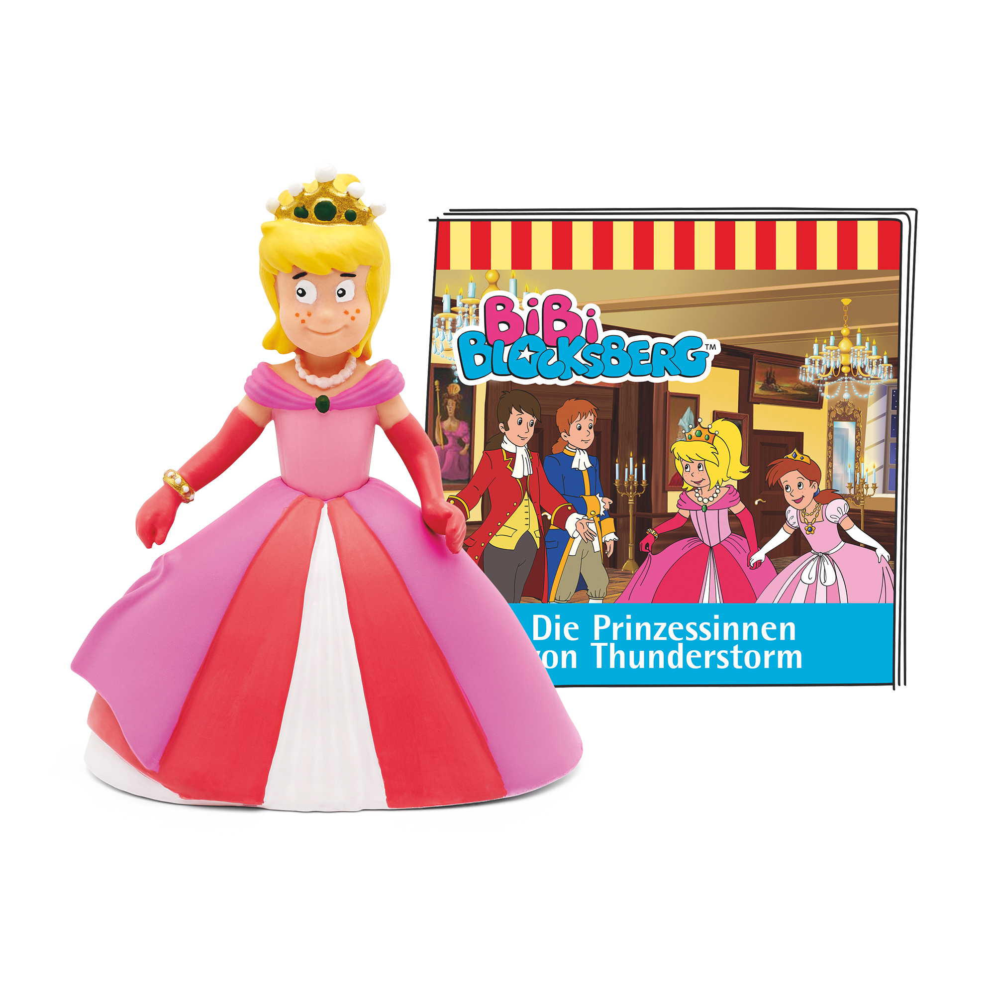 Puppe einer Prinzessin mit Krone in einem rosa Kleid. Ein Cartoon-Hintergrund zeigt weitere Prinzessinnen.