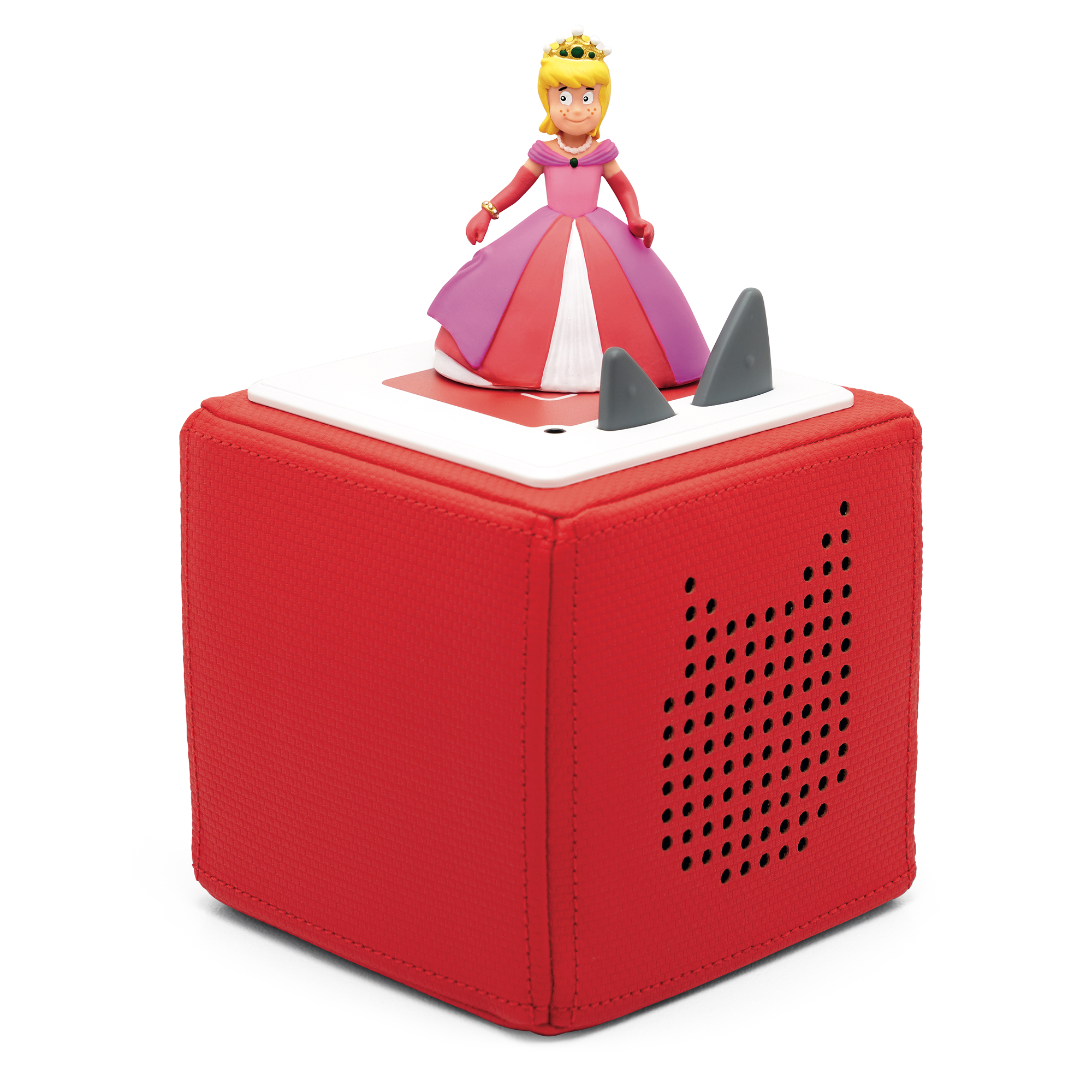 Eine rote Toniebox mit einem Prinzessinnen-Spielzeug oben drauf. Die Box hat ein Lautsprechergitter.