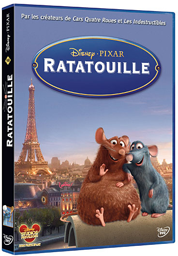 DVD-hoes van Ratatouille. Toont Remy en Emile voor Parijs, Eiffeltoren.