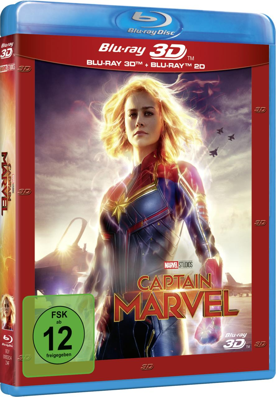 Blu-ray-Hülle für den Film Captain Marvel mit einer Frau auf dem Cover und Marvel-Logo.