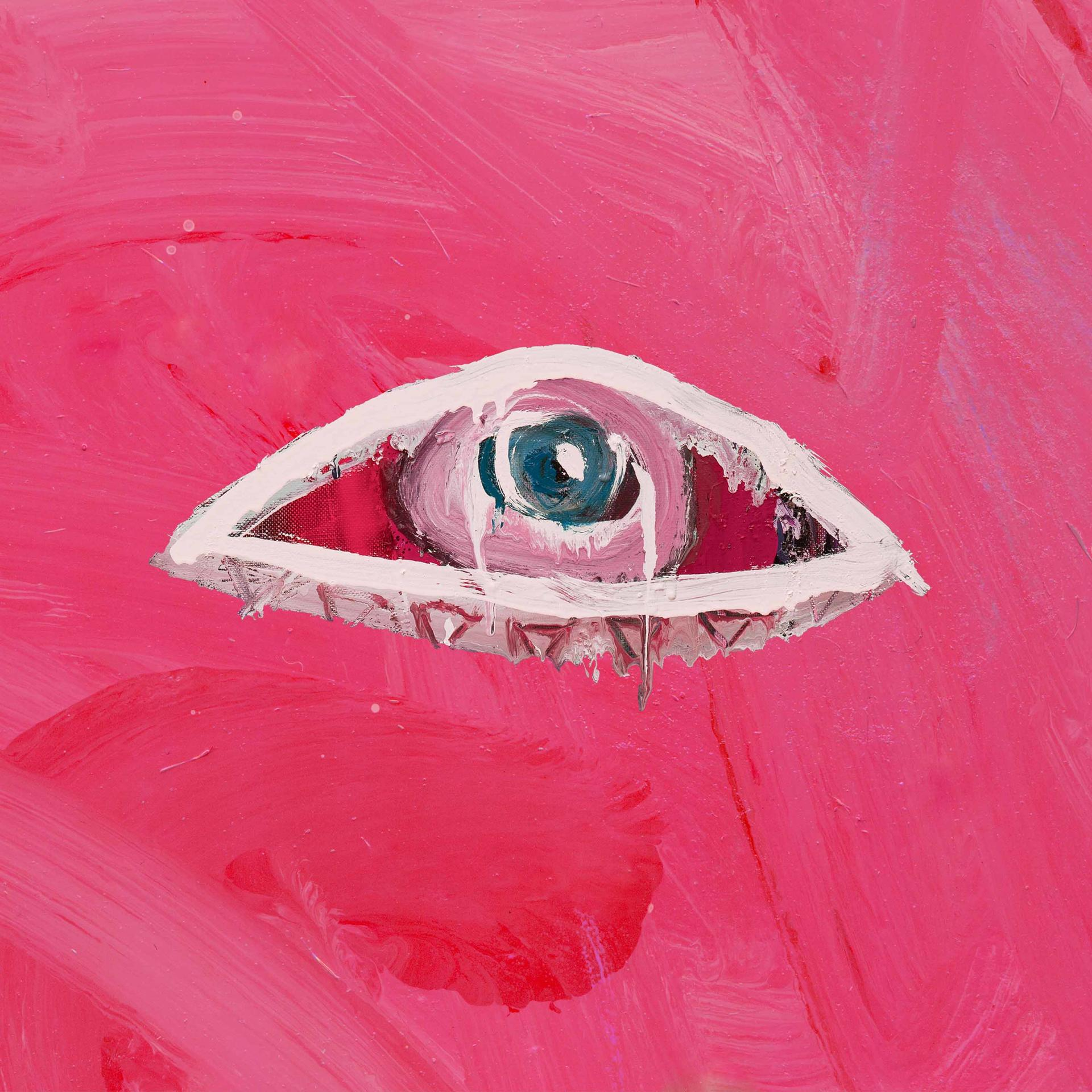 Een close-up schilderij van een oog met een witte omtrek, blauwe iris en tranen. Achtergrond is roze.