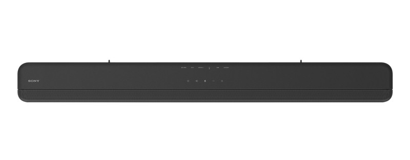 Barra de sonido Sony negra sobre un fondo blanco. Tiene botones y una pantalla.