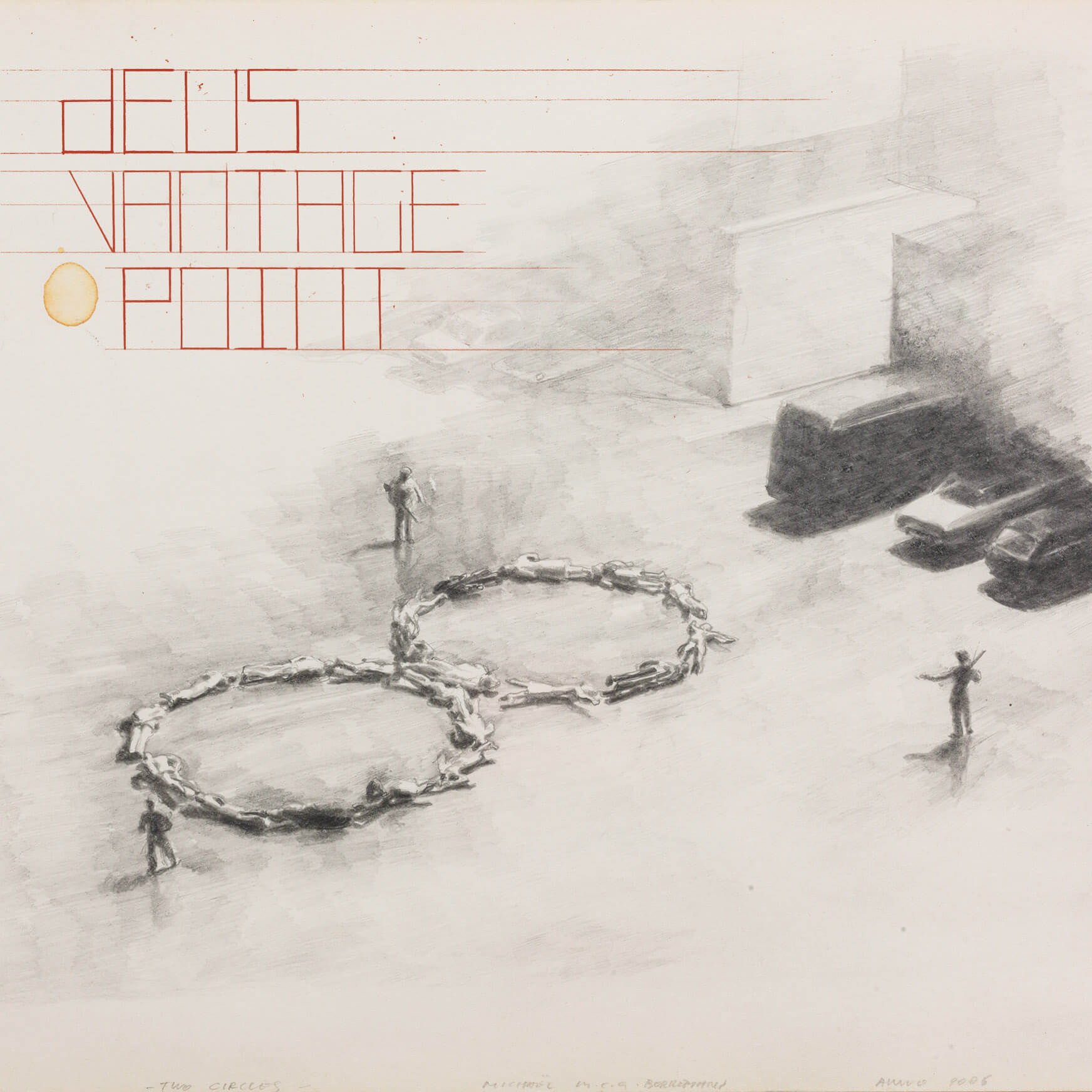 Esquisse artistique avec deux cercles liés, des figures et le texte 'DEUS VANTAGE POINT'.
