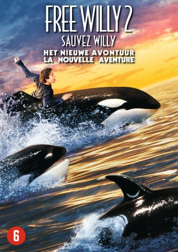 Couverture DVD de Free Willy 2, montrant un garçon et deux orques dans l'océan.