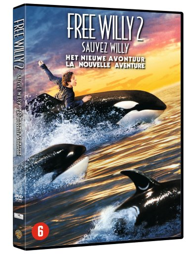 Couverture DVD de 'Sauvez Willy 2'. Un garçon monte un baleine dans la mer.