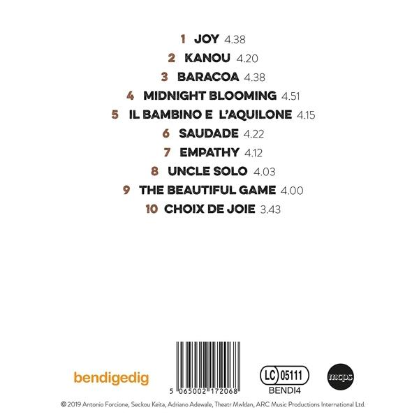 Eine Liste von 10 Songtiteln und -dauern auf weißem Hintergrund mit Logo und Barcode.