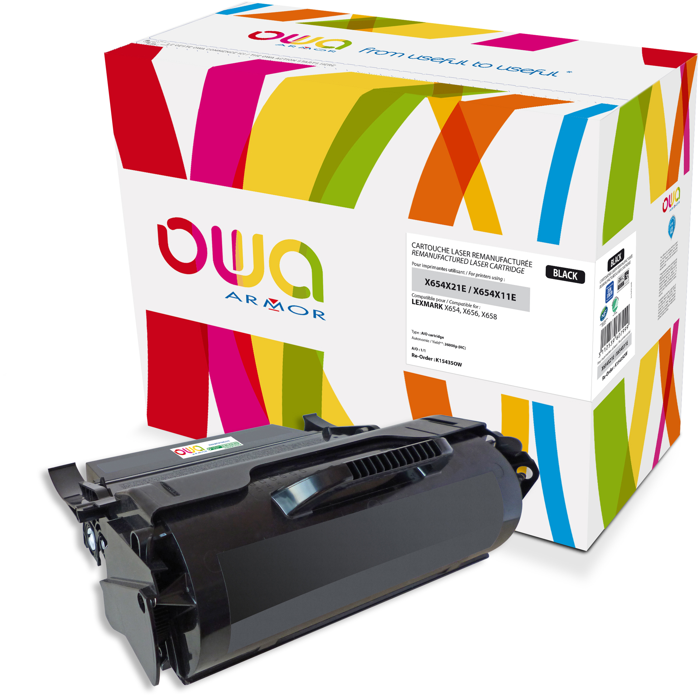 Wiederaufbereitete Laserkartuschenbox. Schwarze Kartusche innen, farbenfrohe Box mit Logo und Text.