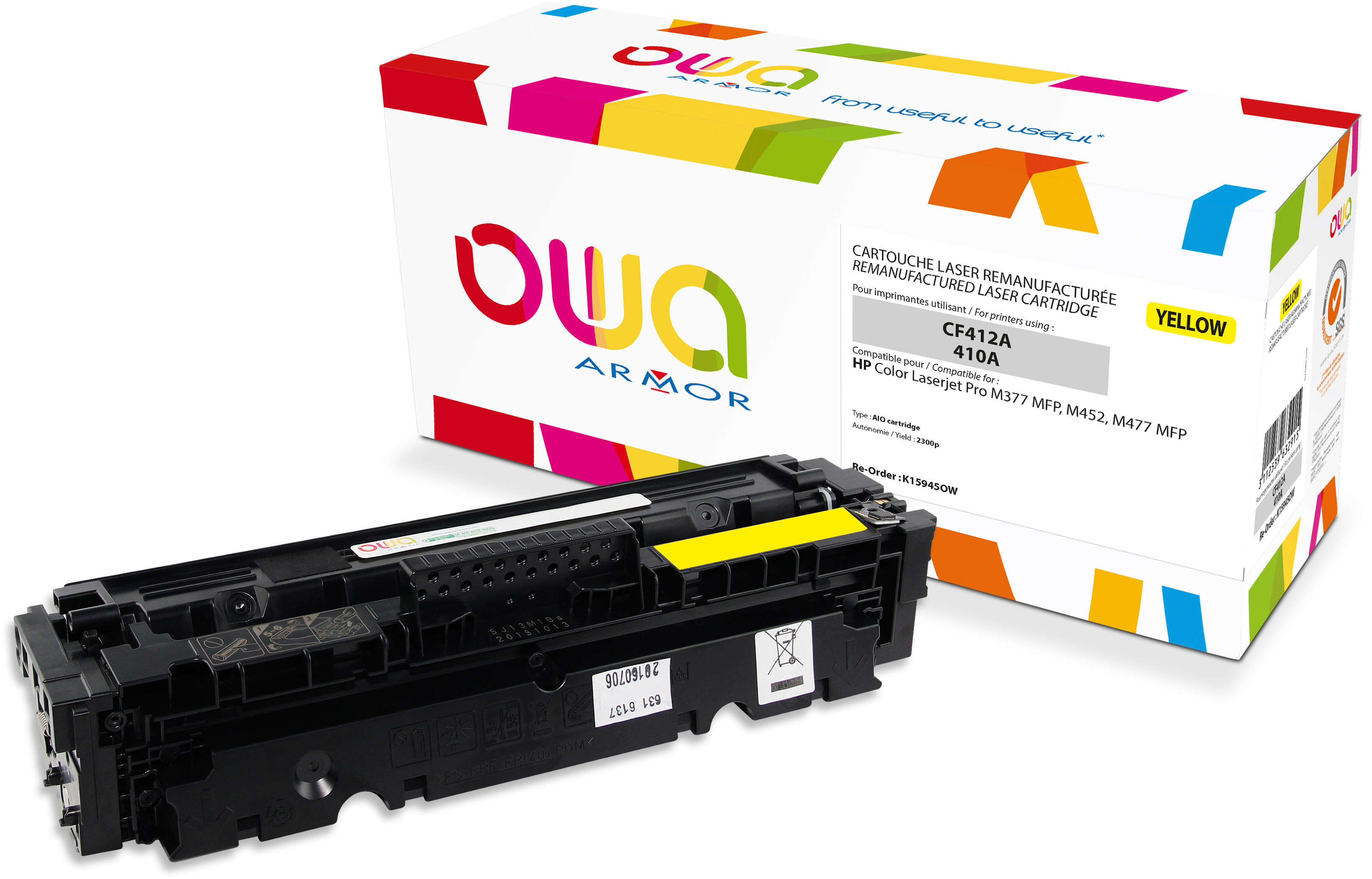 Gelbe Tonerkartusche mit Karton, weißer Hintergrund, Produktverpackung und Branding.