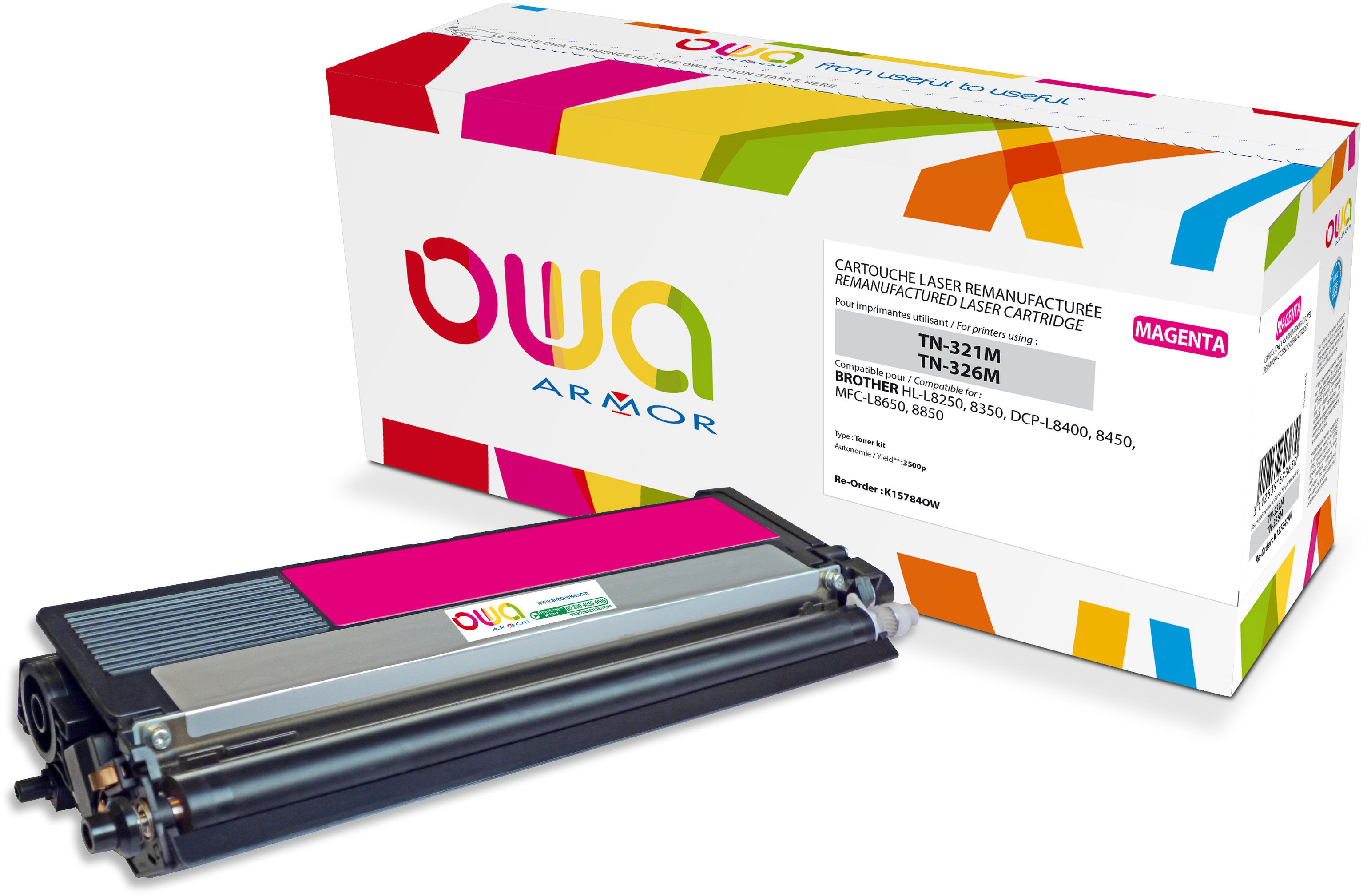 Magentafarbene Tonerkartusche neben einer Box. Die Box hat bunte Muster und Text.