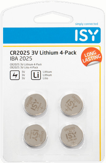 Four ISY CR2025 3V Lithium coin cell batteries in blister pack. Text on the pack.