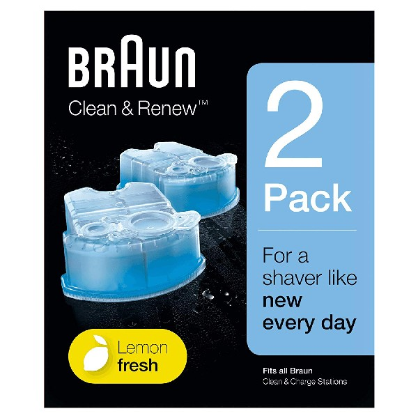 Cartuchos Braun Clean & Renew, paquete de dos con líquido azul y etiqueta Lemon Fresh. Fondo negro.