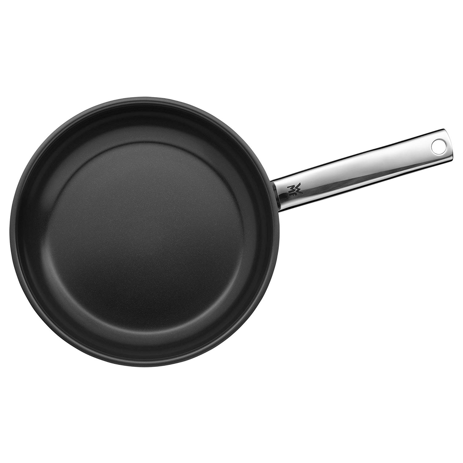 Schwarze Bratpfanne mit silbernem Griff.
