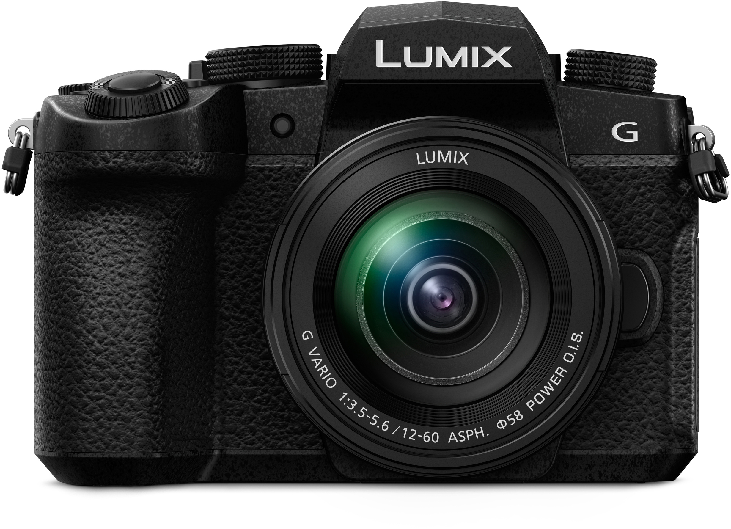 Schwarze Lumix G Kamera. Objektiv in der Mitte. Oberseite der Kamera ist schwarz. Weißer Hintergrund.