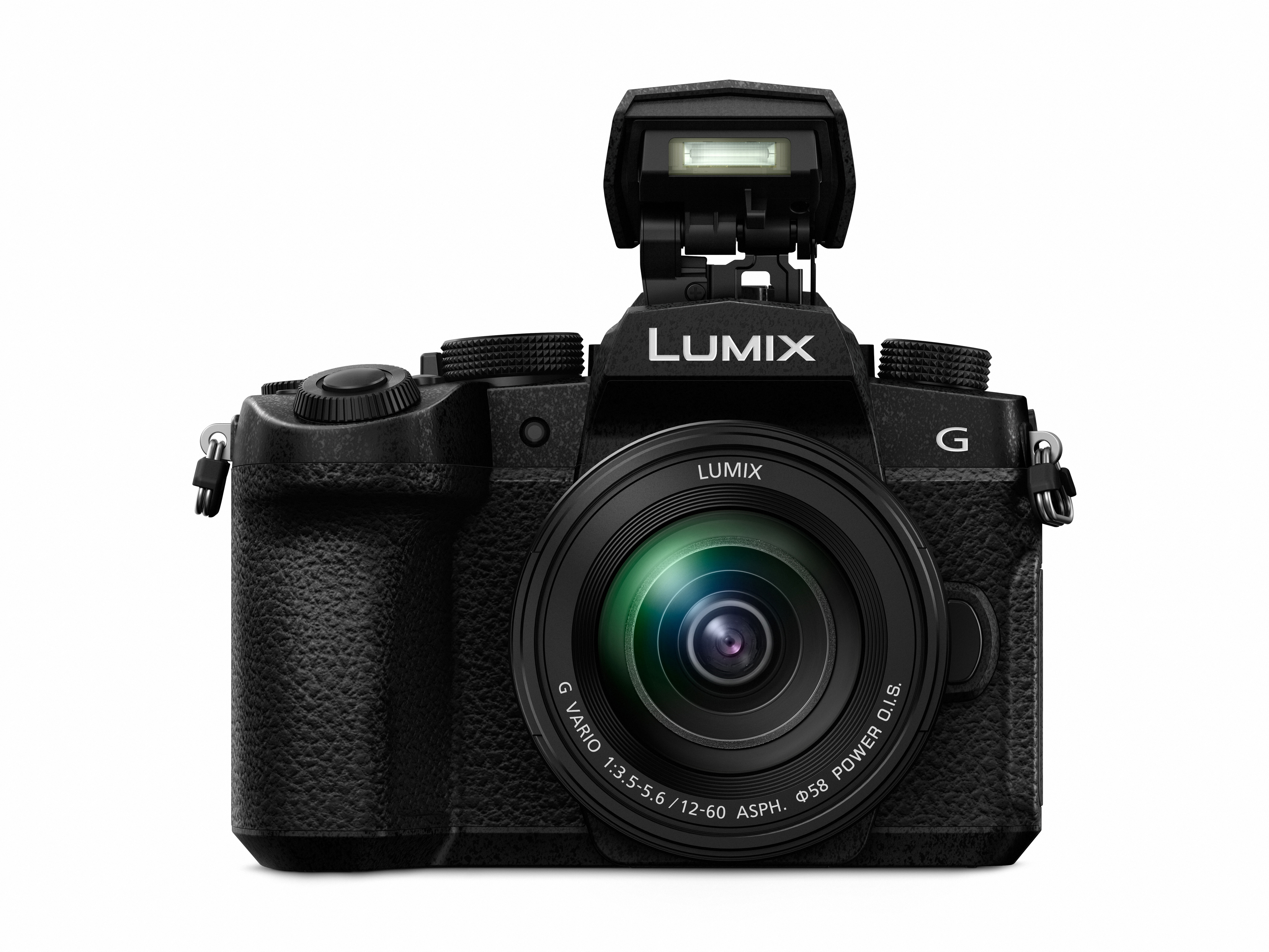 Schwarze Lumix-Kamera. Das Objektiv befindet sich in der Mitte. Blitz oben. Lumix-Logo oben.