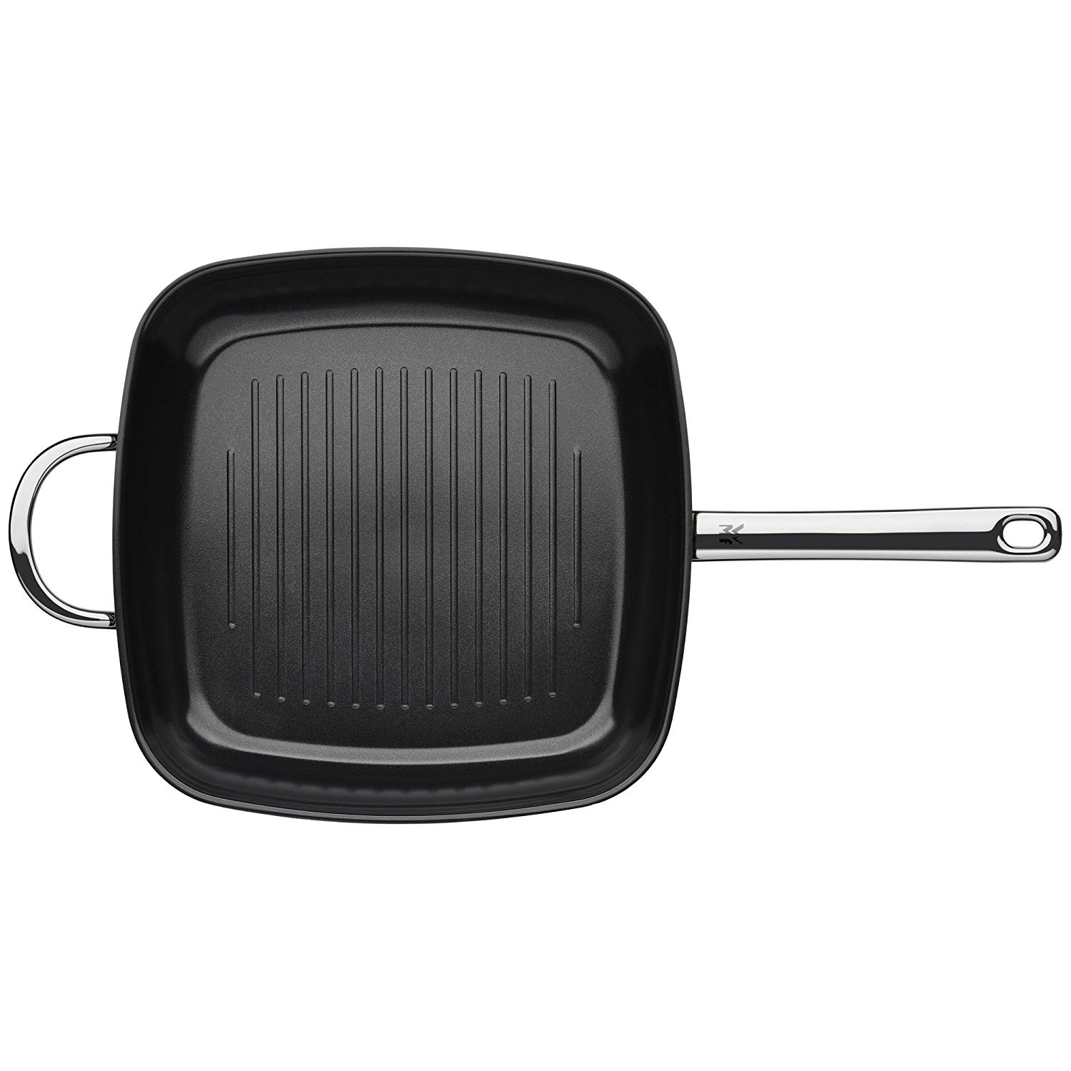 Schwarze quadratische Grillpfanne mit Griff, von oben gesehen.