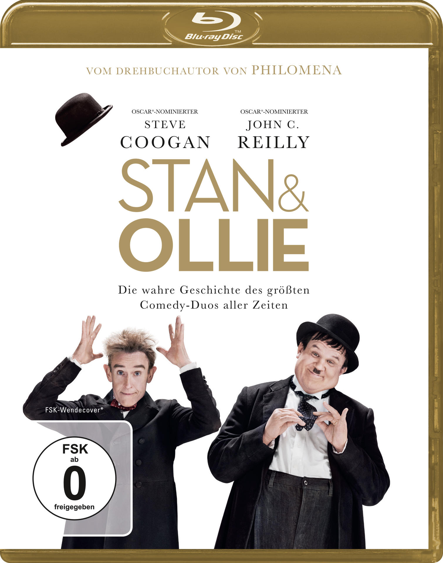 DVD-Hülle: Film Stan & Ollie. Zwei Männer in Anzügen und Melone. Goldener Rand.
