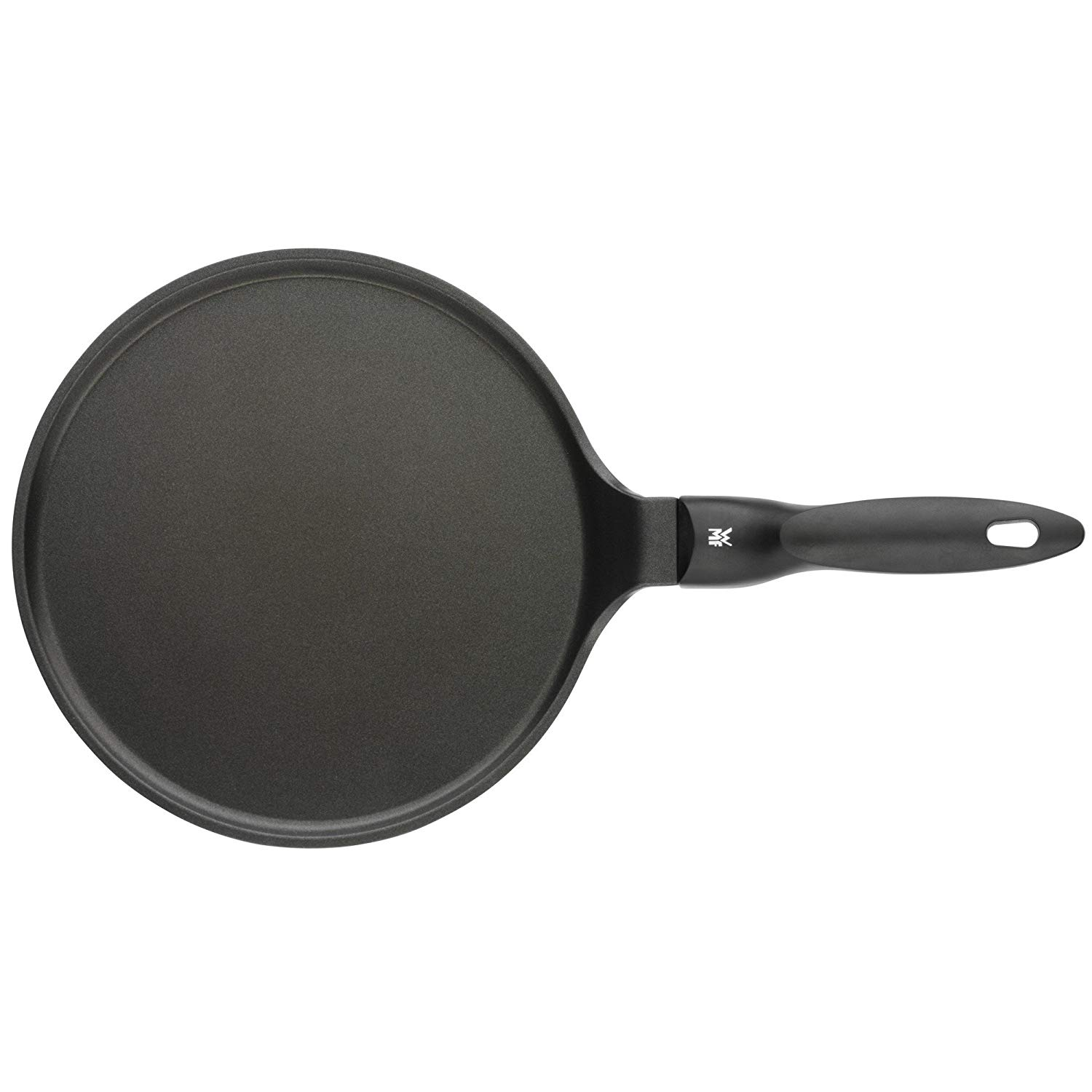 Schwarze Crêpe-Pfanne mit Griff. Dunkle Oberfläche. WMF-Logo am Griff.