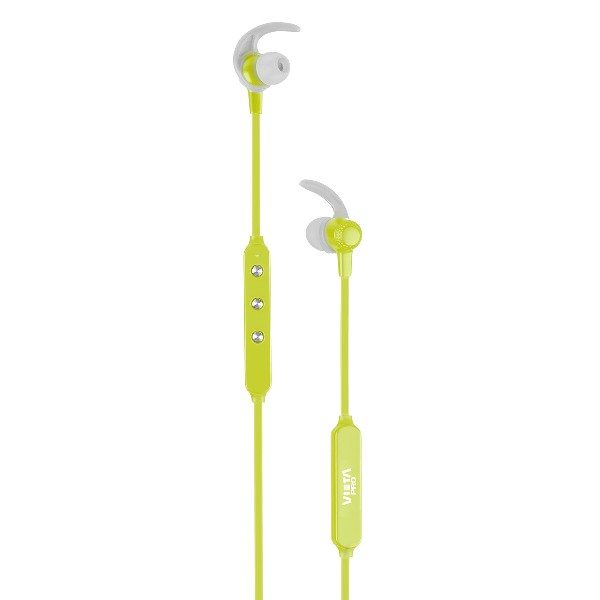 Auriculares inalámbricos verdes y grises. Están conectados por un cable verde con botones.
