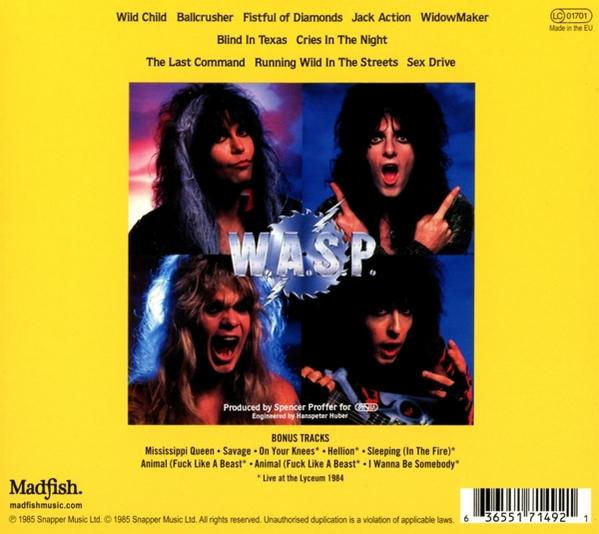 Albumcover mit vier Bandmitgliedern, W.A.S.P. und Titelliste auf Gelb.