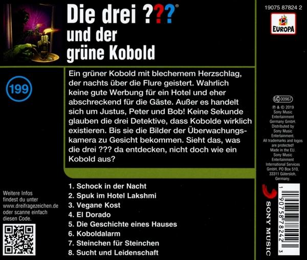 Rückseite des CD-Covers von "Die drei ???". Text und Logos auf dunklem Hintergrund.