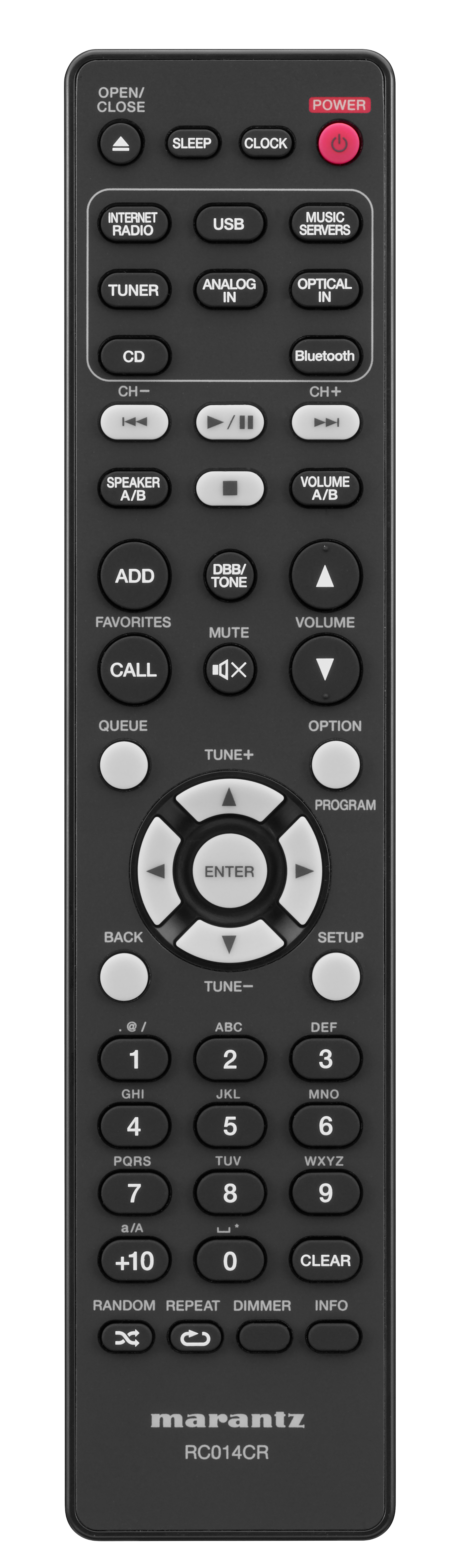 Schwarze Marantz Fernbedienung mit vielen Tasten. Sie hat Tasten für Musik, Tuner und Lautstärke.