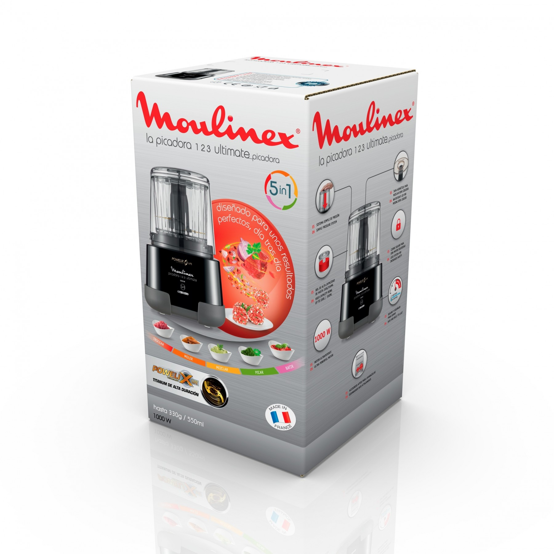 Moulinex La picadora 123 Ultimate Picadora Box, abgewinkelt, isoliert auf Weiß.