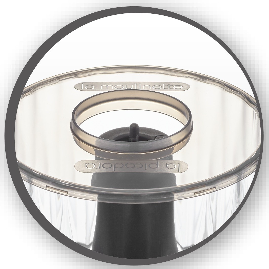 La Moulinette Küchenmaschinen-Deckel. Transparentes Plastik, mit Ring und Text.