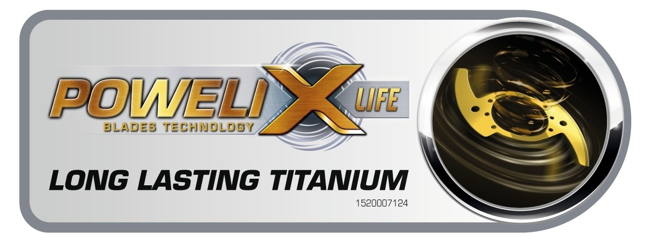 Ein weißes und graues Logo mit den Worten POWELIX LIFE und LONG LASTING TITANIUM mit einer Klinge.