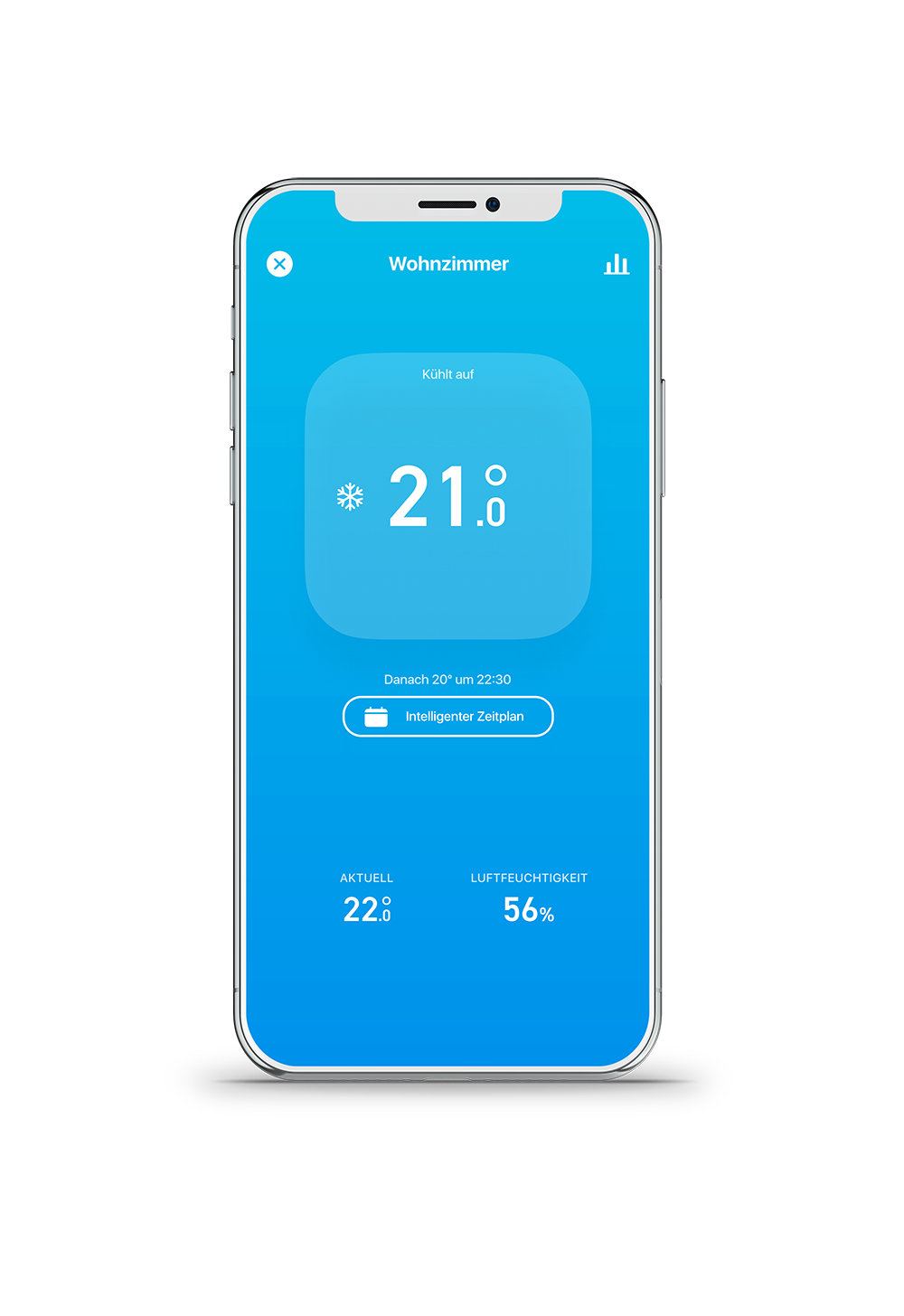 Ein Smartphone, das eine Smart-Home-Oberfläche mit Temperatur und Luftfeuchtigkeit auf blauem Hintergrund anzeigt.