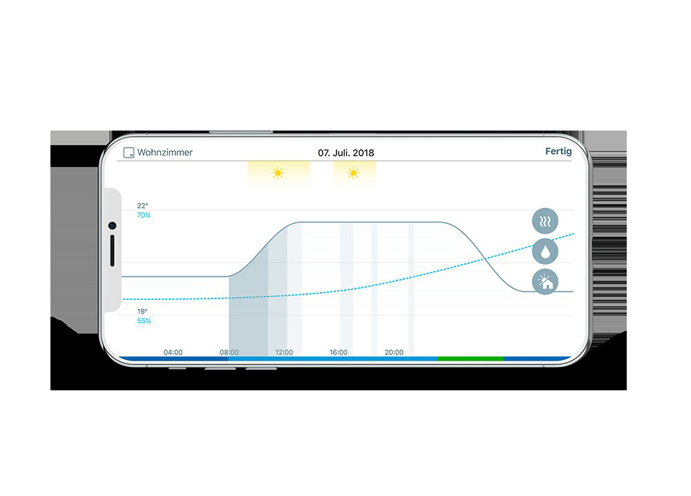 Ein Smartphone-Bildschirm, der ein Klimasteuerungsgrafik und Einstellungen anzeigt.