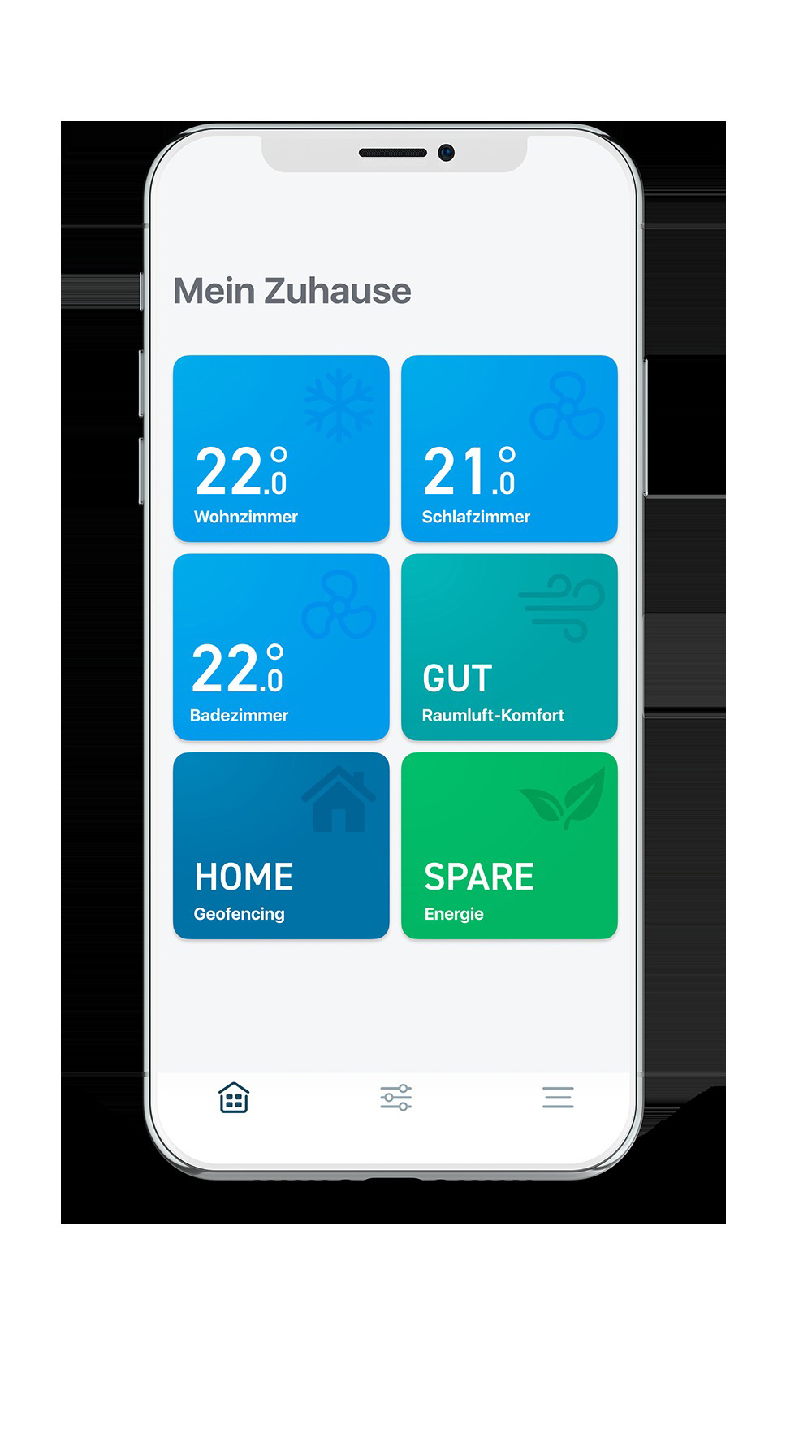 Smartphone-Bildschirm mit Smart-Home-App-Oberfläche. Zeigt Hausmetriken in farbigen Kacheln: Temperatur usw.