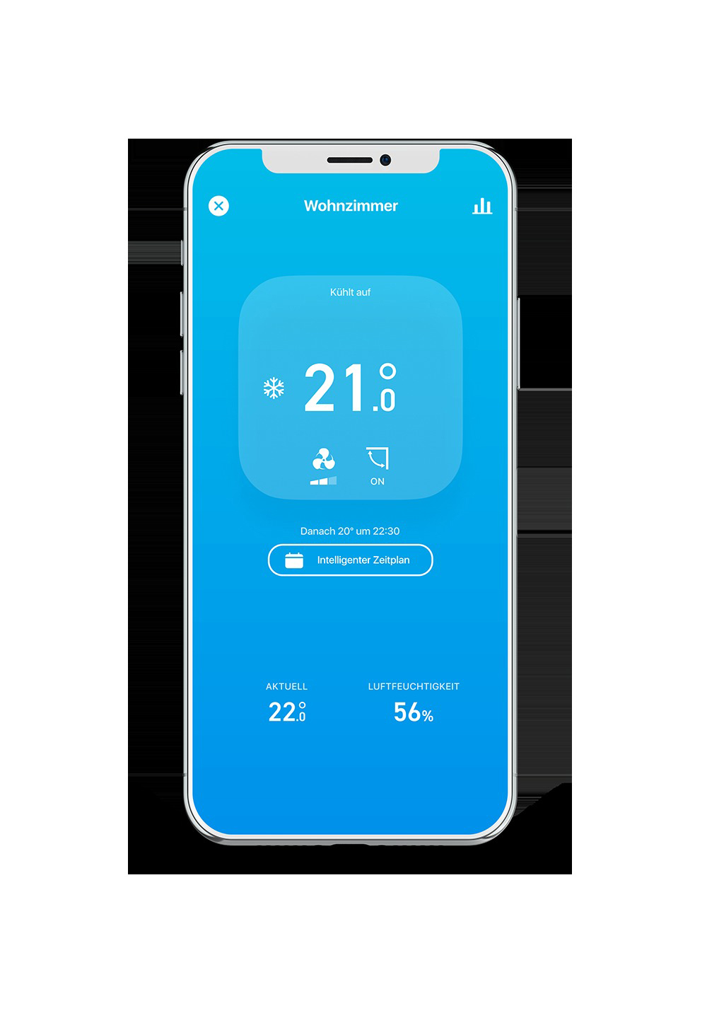 Smartphone-Bildschirm mit Klimaanlageneinstellungen: 21 Grad, Lüfter an. Zeigt aktuelle und zukünftige Einstellungen.