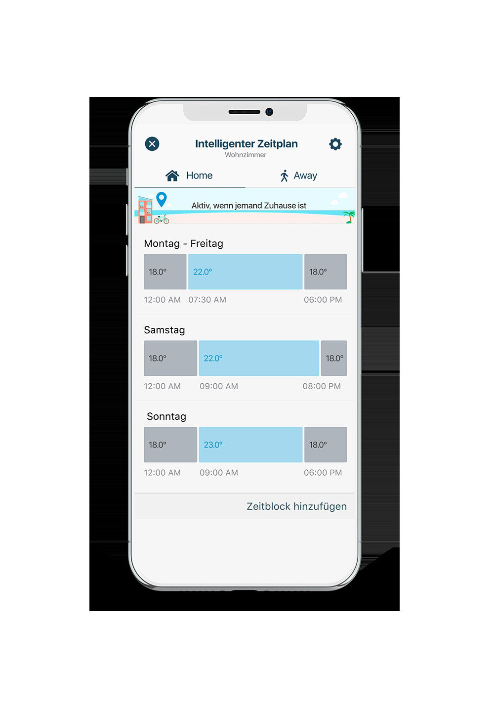 Smartphone-Bildschirm zeigt eine Zeitplan-App. Text und Diagramme sind sichtbar, mit Zeitfenstern.