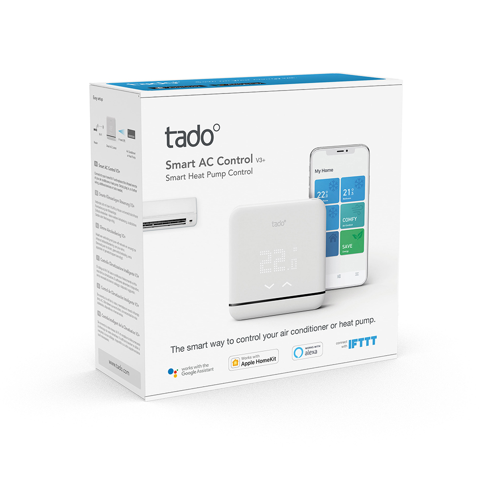 Weiße Box mit Smart-AC-Steuerung und Smartphone.